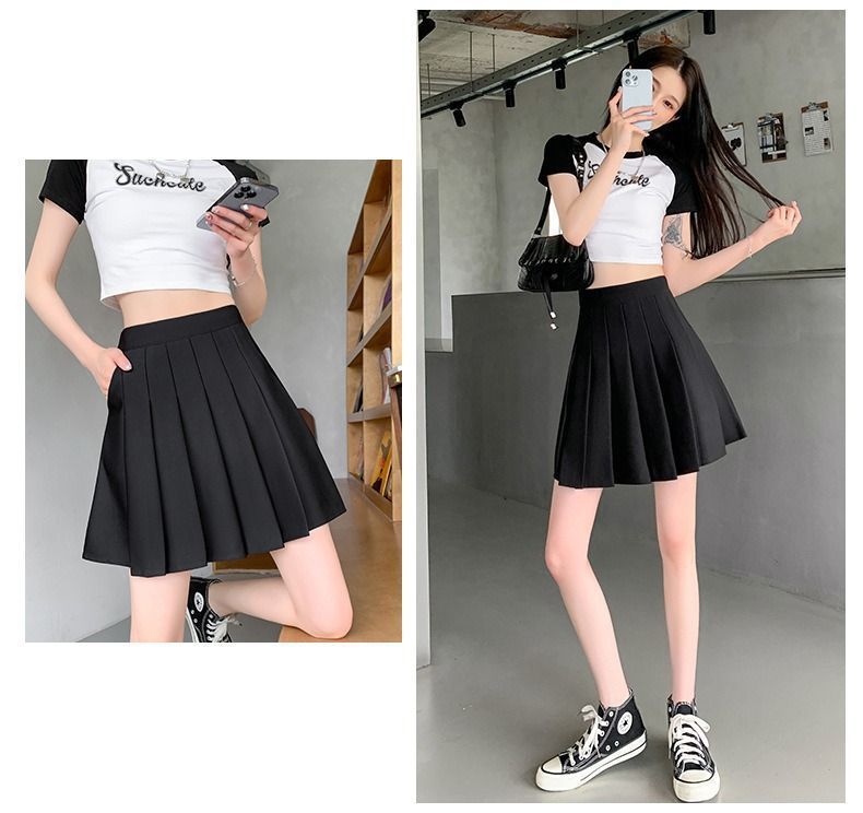 夏季带口袋百褶裙小个子松紧高腰弹力短裙女胖mm大码显瘦半身裙黑详情15