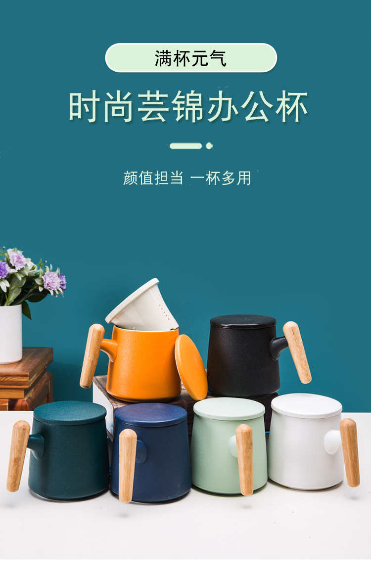 木柄陶瓷杯马克杯带盖咖啡杯创意水杯文创企业礼品广告定 制LOGO详情2