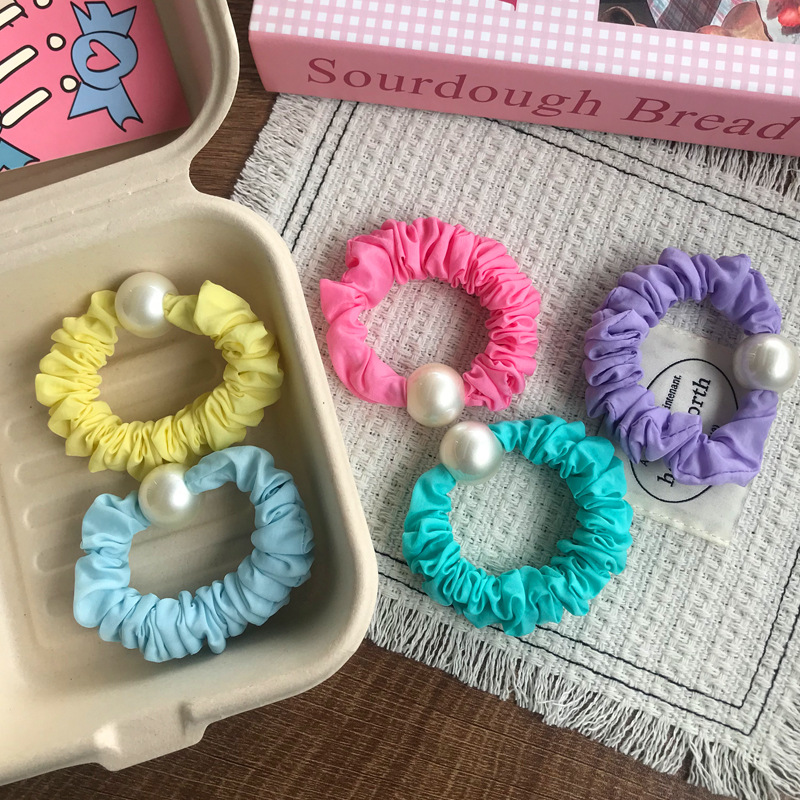 新款韩式荧光彩色高级感大肠发圈网红珍珠时尚感马尾发绳皮筋发饰详情4