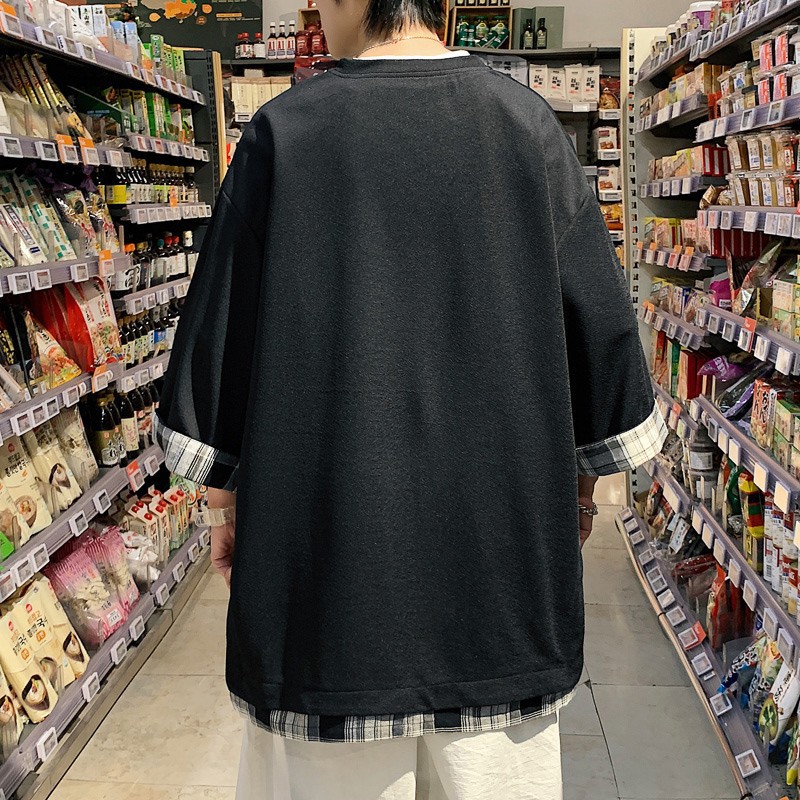 This is a new summer fashion Hong Kong brand ice silk T-shirt with a checkered patchwork design and a unique three-quarter sleeve style pic 5