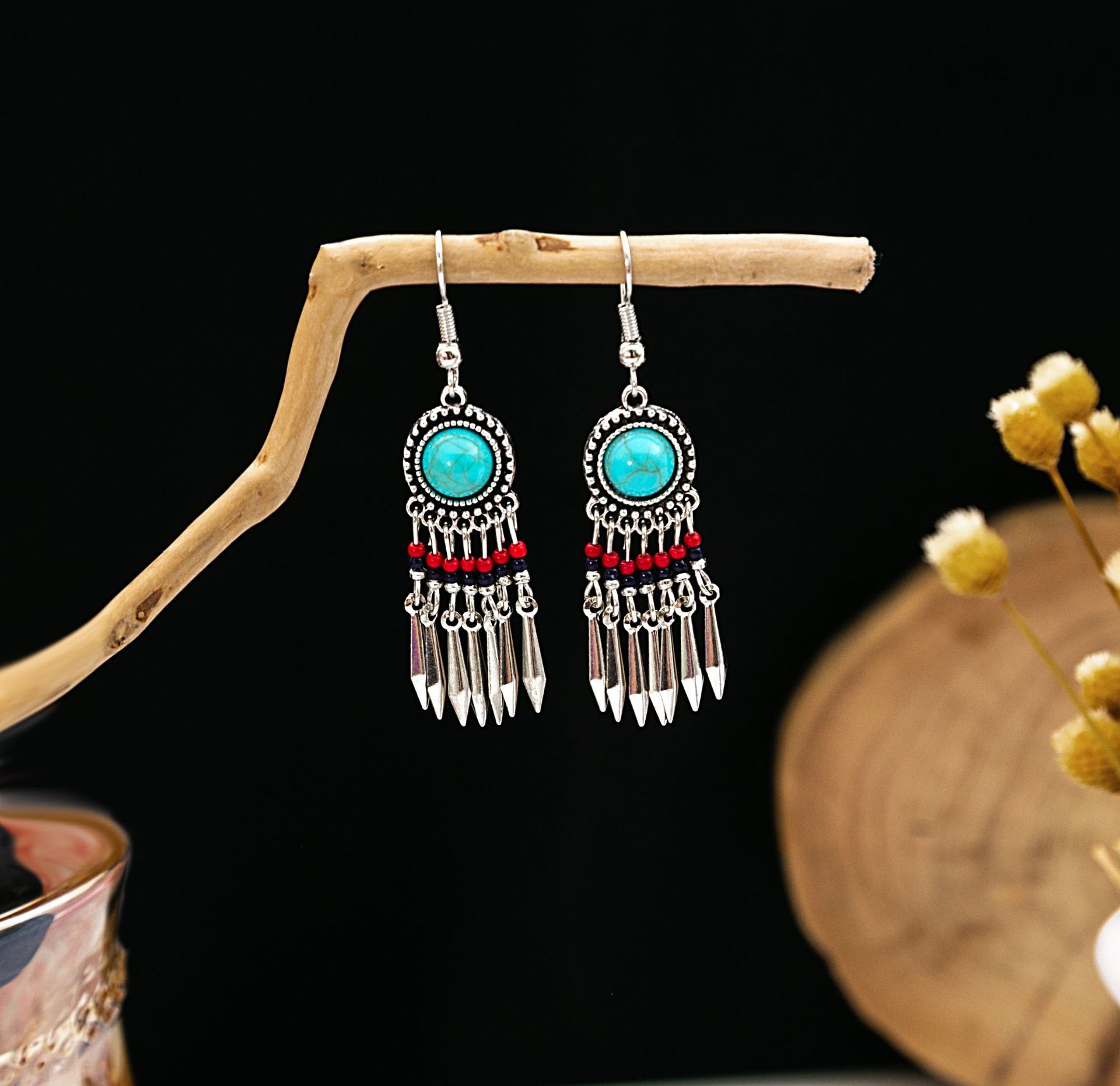 欧美波西米亚蓝松石民族风耳钉 仿苗银金属耳坠复古流苏耳饰批发详情31