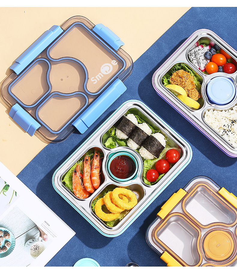 Simple Japanese-style four-compartment lunch box with bowl, 304 stainless steel sealed lunch box, portable lunch box for students and office workers, with spoons and chopsticks pic 31