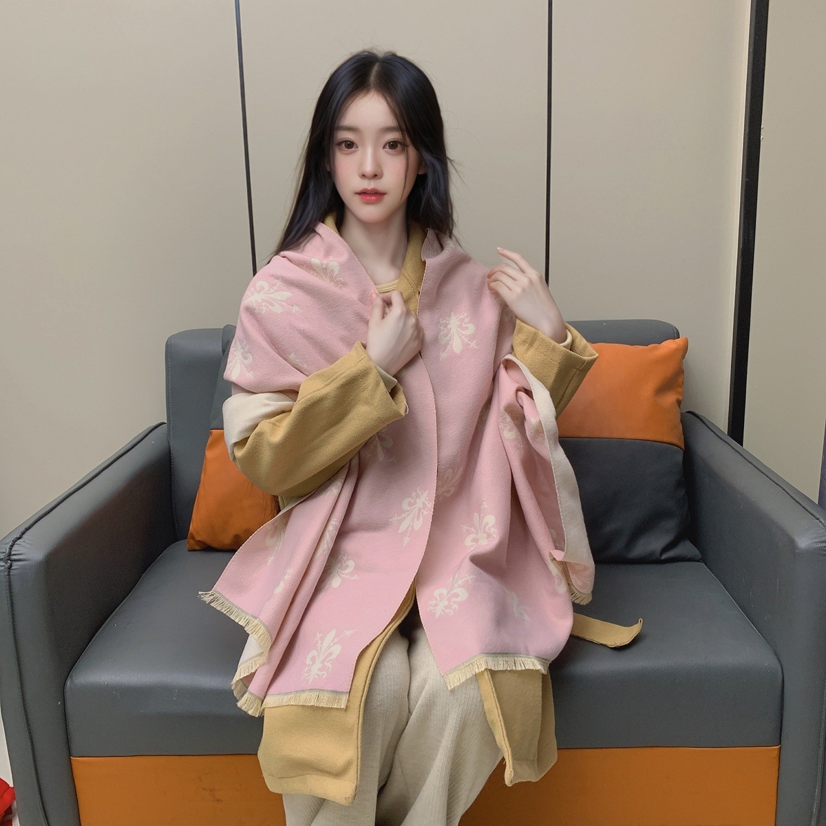 围巾女冬季欧美风格佛罗伦萨鸢尾花披肩加厚百搭双面保暖围脖保暖详情48