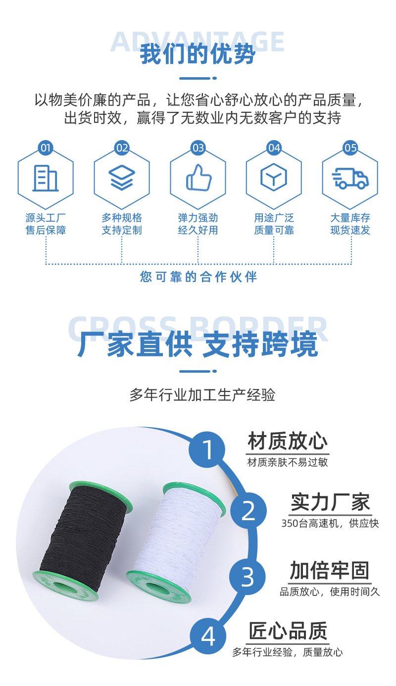 厂家直供白色高弹涤纶走马带袖口扁松紧线走马黑色束发带服装辅料详情4