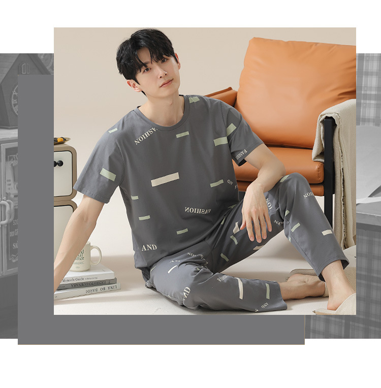 Summer pure cotton pajamas for men, cartoon casual short-sleeved shirts and long pants, pure cotton comfortable home wear, summer youth student set pic 113