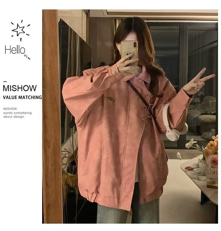 美式复古翻领外套女chic春秋潮流休闲宽松设计感PU皮学生夹克上衣详情12
