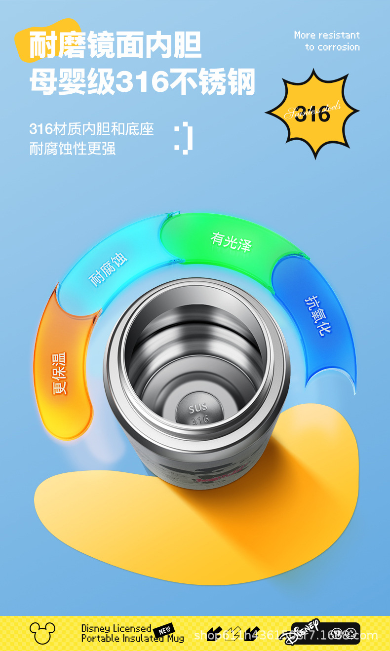 草莓熊米奇大容量卡通可爱创意便携316不锈钢手提水杯批发保温杯详情12