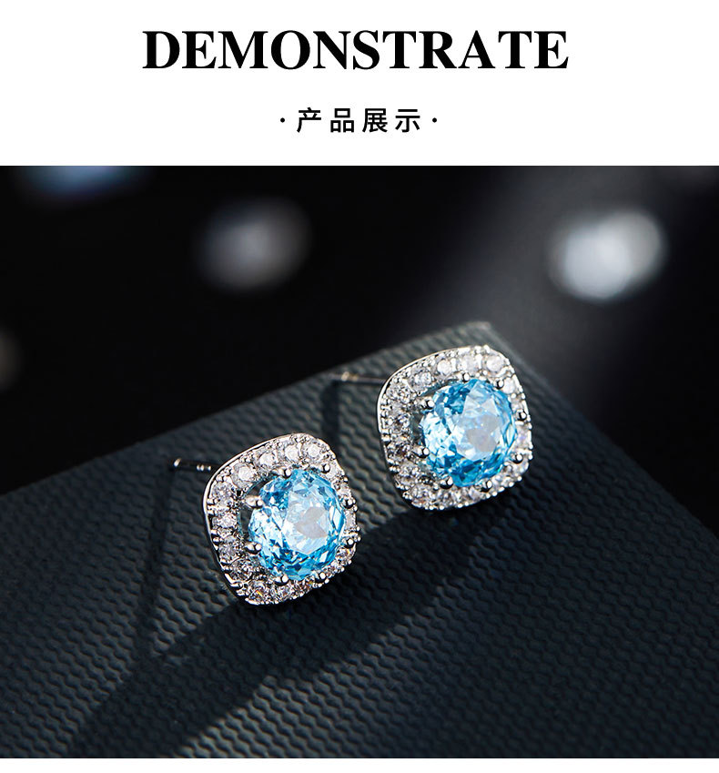 Heavy industry square micro-inlaid rose-cut ear studs, refreshing ice blue s925 silver needle, light luxury and high-end feel, bestseller and versatile earrings pic 12