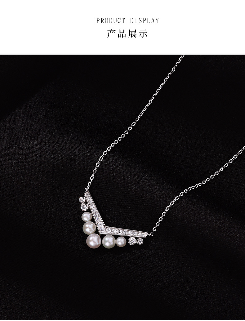 Zhuoheng Select 925 sterling silver freshwater pearl necklace, small V-shaped diamond-encrusted collarbone chain, high-end, light luxury and fashionable necklace pic 6