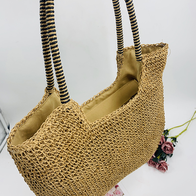 厂家批发 新款手提纯色欧美风草编包休闲百搭夏日编织沙滩包女包详情3