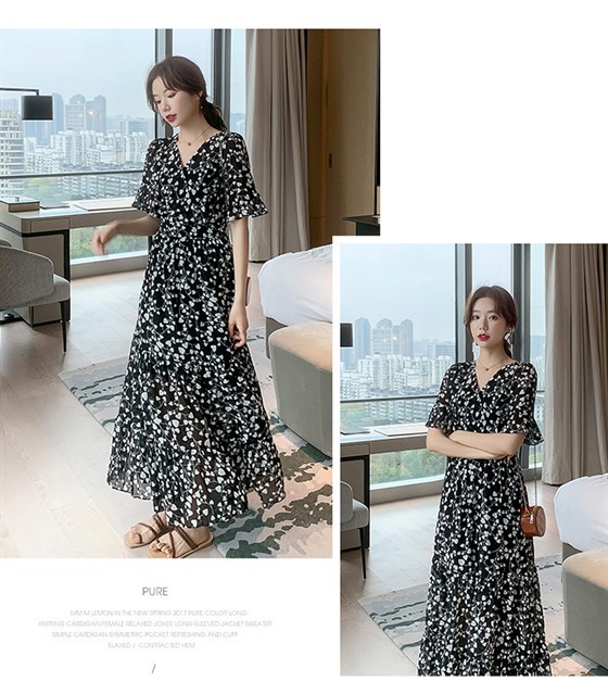 New summer dress for women, black knee-length floral chiffon, V-neck dress, fairy-like, super fairy-like and forest-like style pic 5