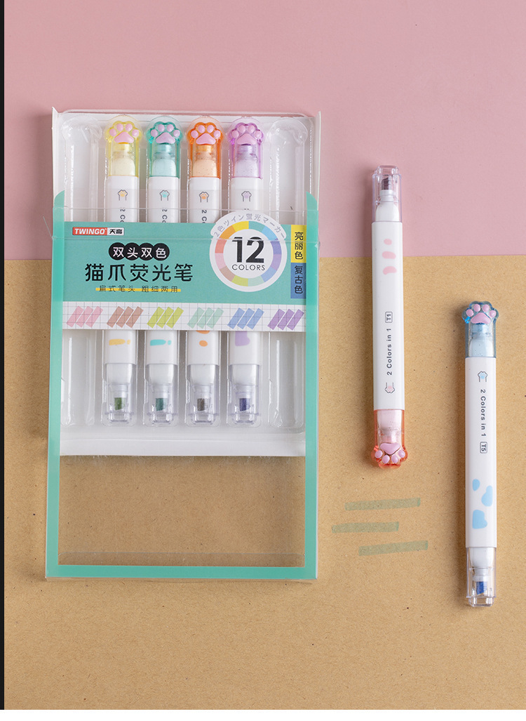 猫爪荧光笔标记笔学生用彩色划重点彩笔做笔记专用手账笔莫兰迪色详情12