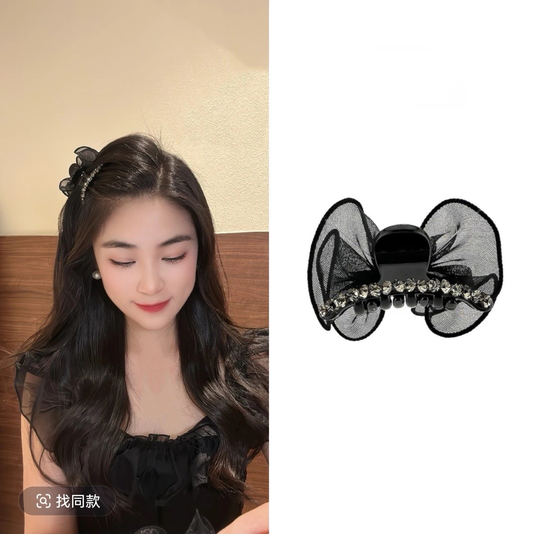 抖音爆款新款女士黑色蝴蝶结抓夹 AB面刘海夹 公主头侧边夹子 精致头饰 发夹详情2