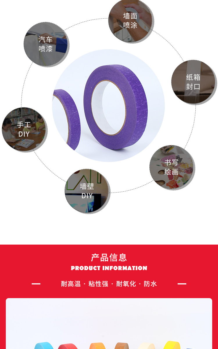 彩色美纹纸胶带批发耐温外墙装修喷漆遮蔽手撕分色标记皱纹纸胶带详情2