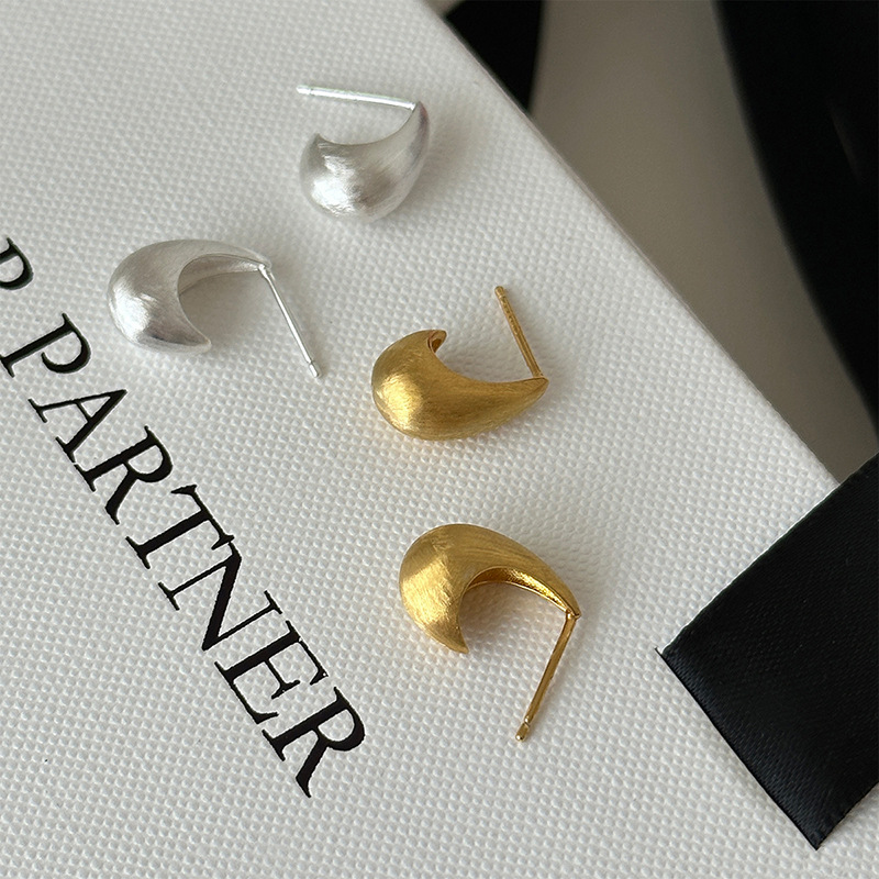 小众C型磨砂拉丝925银耳环女冷淡风不规则几何水滴设计耳钉耳饰潮详情2