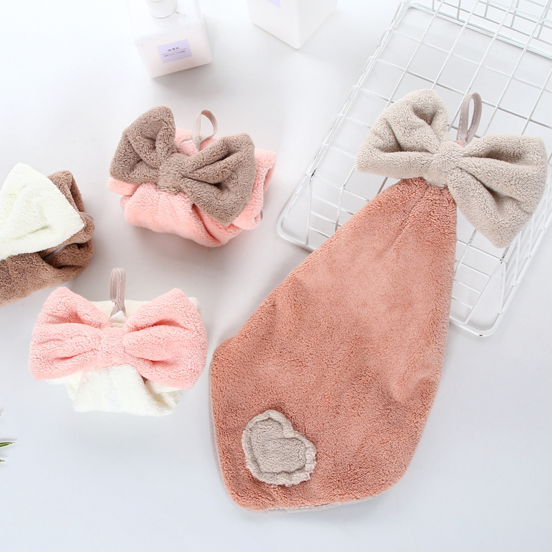 【 Chi Jia 】 High-density coral velvet heart-shaped patchwork with embroidered bows, hand towels, heart-shaped embroidered hanging towels, kitchen towels pic 3