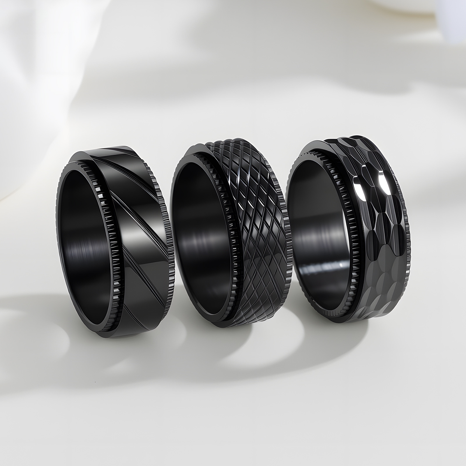 Cross-border personalized and fashionable titanium steel jewelry punk style 8mm patchwork mesh pattern rotatable vacuum titanium steel ring pic 8