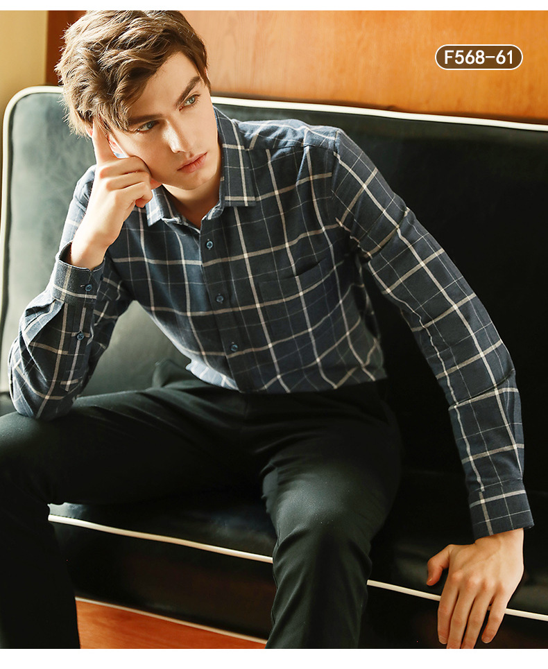 格子衬衫男士长袖秋冬新款全棉休闲韩版英伦修身纯棉磨毛透气衬衣 pic 13