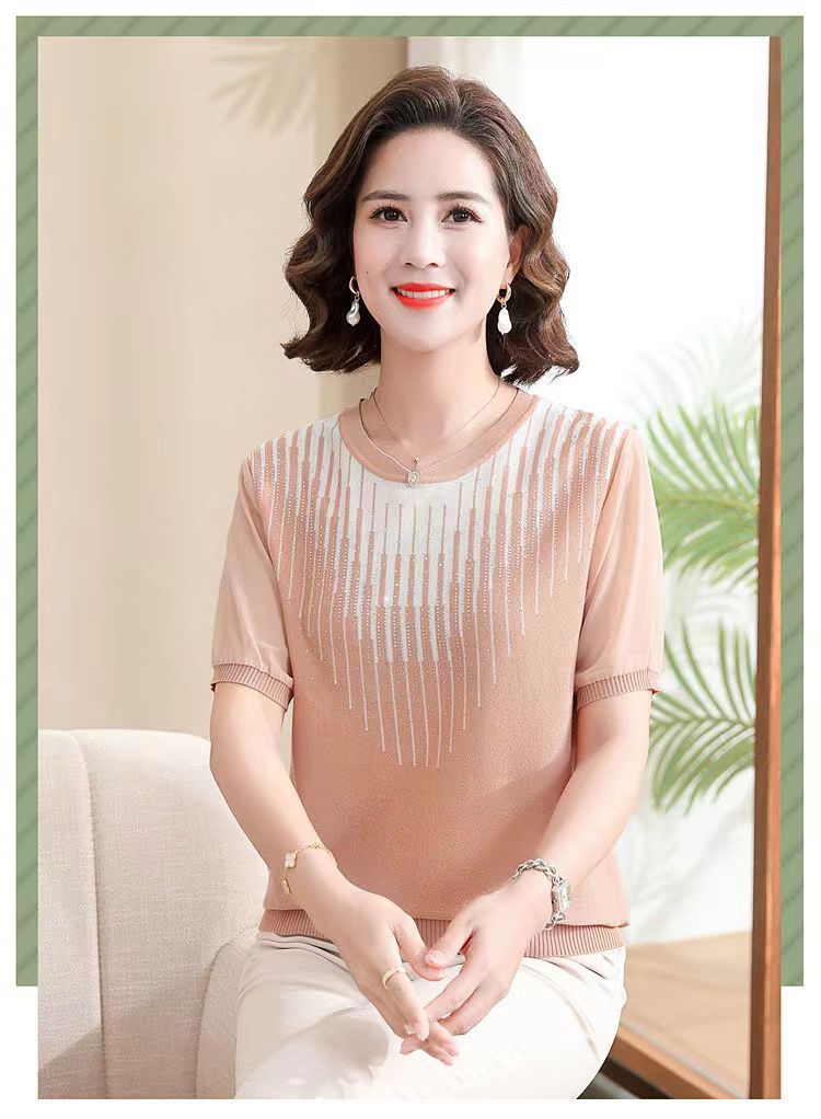 妈妈夏装短袖针织翻领T恤中老年女装冰丝上衣遮肚子薄款小衫套装详情33