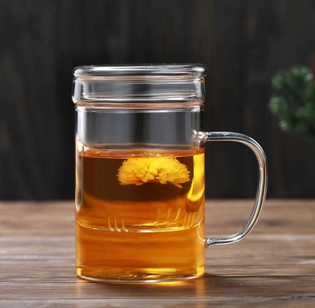 生产高硼硅玻璃泡茶三件杯 家用透明玻璃杯 简约带把办公花茶杯详情5