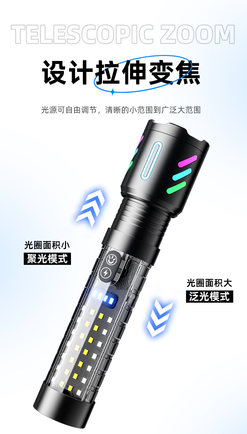 A new cross-border white laser long-range rechargeable flashlight with built-in battery, featuring a fluorescent strip and red and blue flashing outdoor flashlight pic 8
