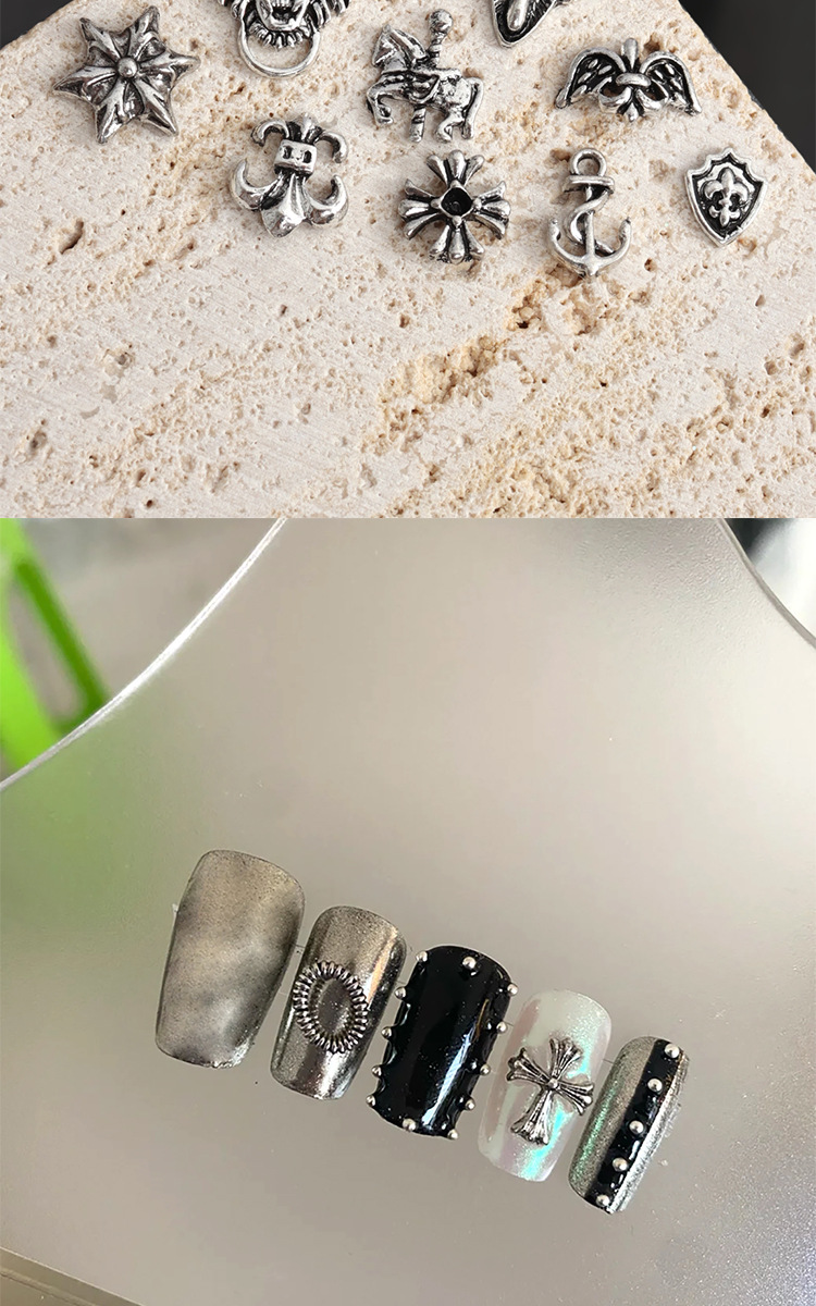 Factory direct sales of retro nail alloy jewelry, Crochet cross, lion head, heart, Pharaoh nail drill decoration pic 7