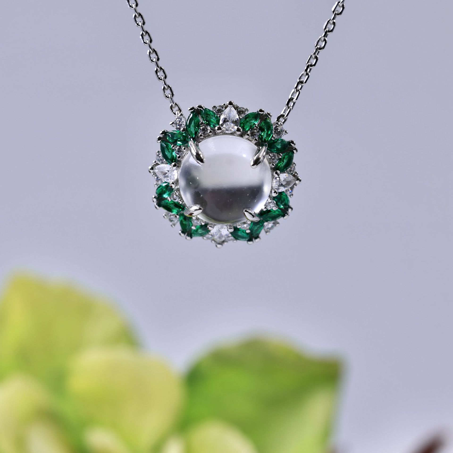 新中式国风蛋面天然水沫玉项链戒指套装S925银祖母绿宝石吊坠饰品礼盒详情8