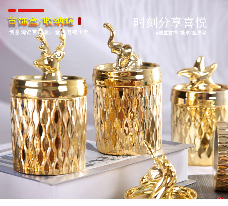 Ceramic handicrafts, animal gold storage sealed storage jar, candle fragrance jar, decorative items, home jewelry display box pic 2