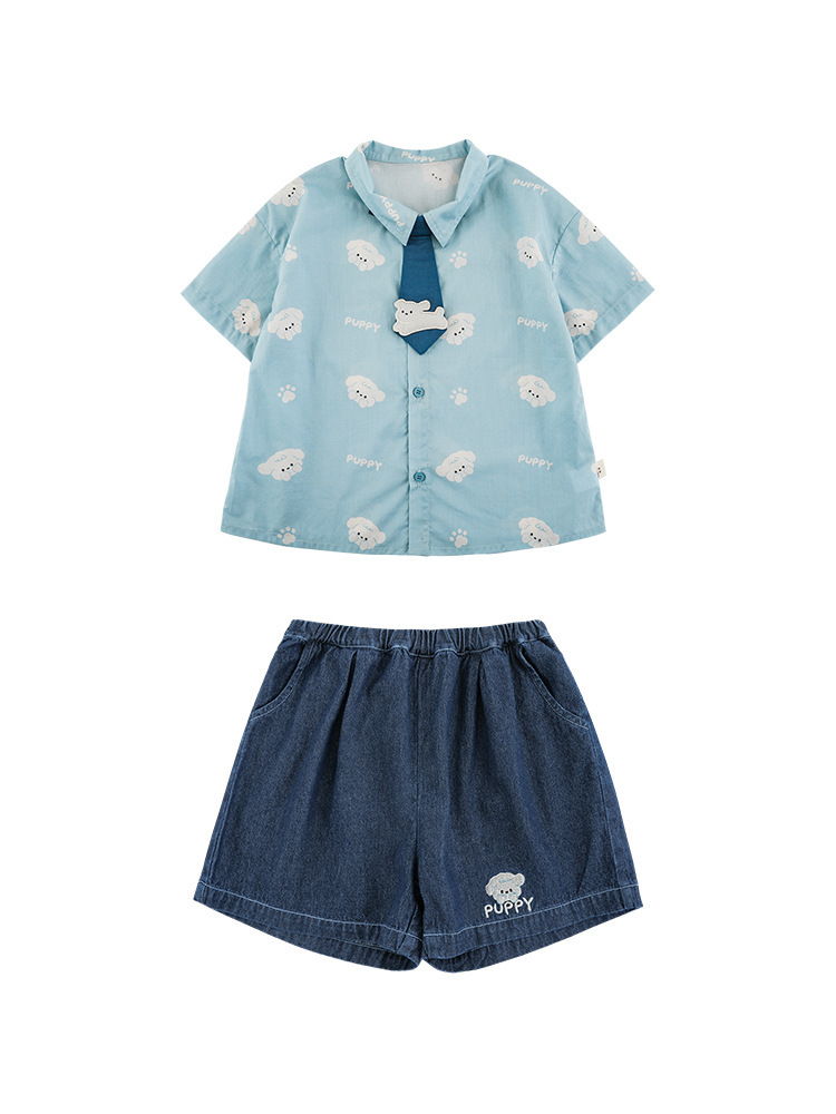 男童夏日潮玩时尚两件套印染短袖衬衫短裤薄款帅气2025新款套装详情3