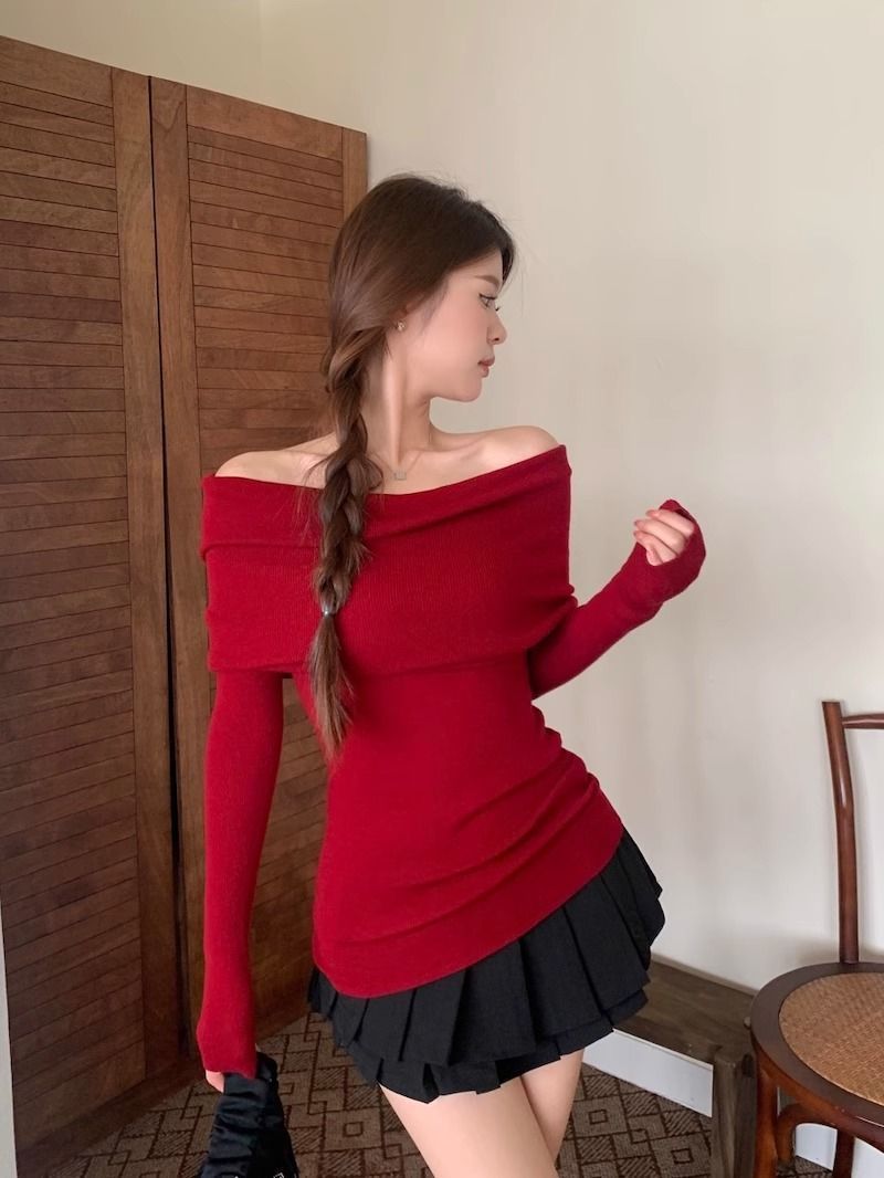 露肩一字肩上衣针织衫女秋装新款修身长袖红色漏肩黑色一字领毛衣详情7