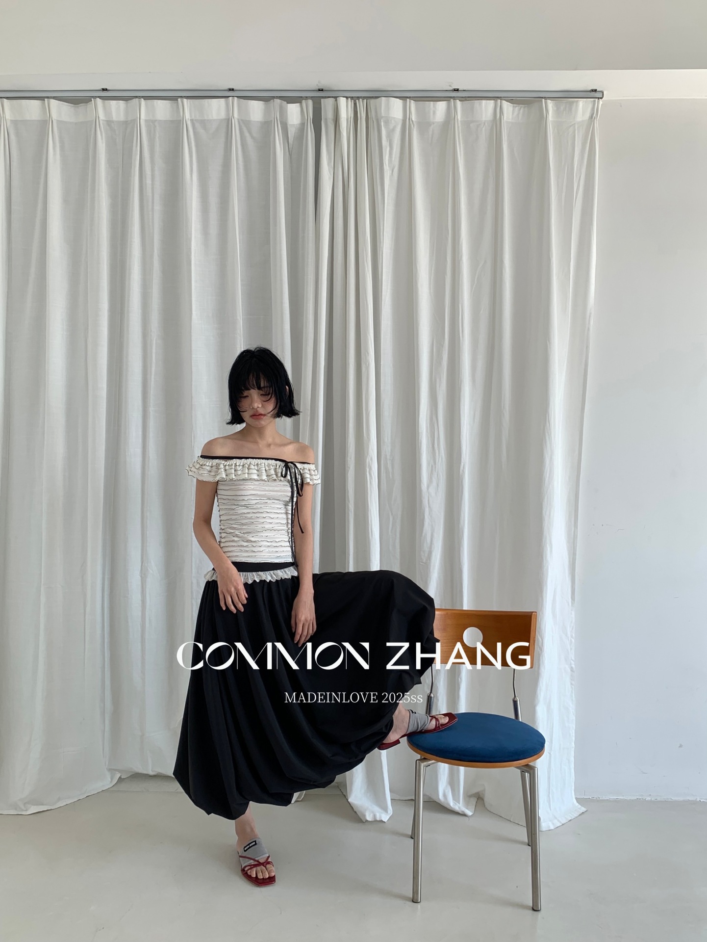 CZ ZHANG Summer French lace one-shoulder off-the-shoulder, contrasting color striped waist-cinching slim shirt B23795 pic 15