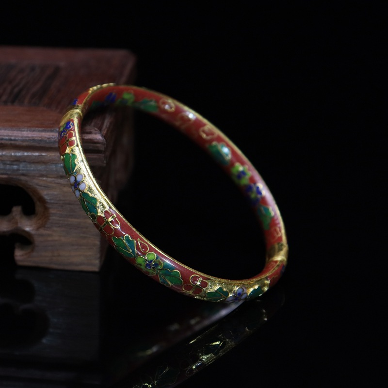 Beijing Cloisonne vintage collectibles, classical ethnic style copper body cloisonne enamel jewelry, semi-gold base bracelet pic 7