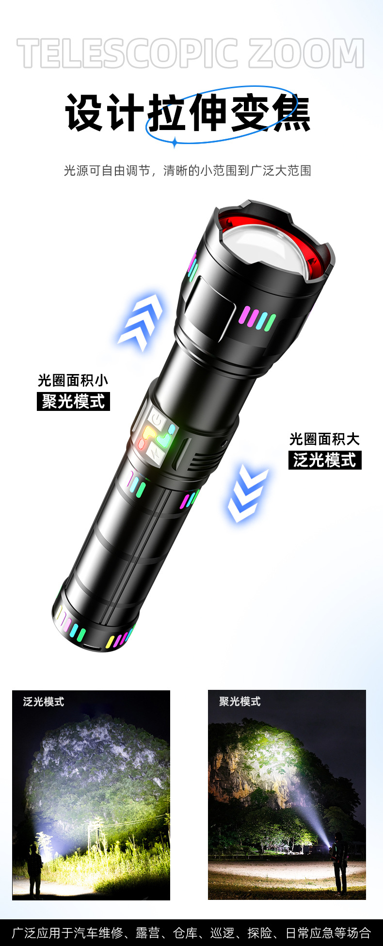 Powerful rechargeable flashlight, long-lasting high-lumen zoom alloy patrol camping portable outdoor lighting fixture pic 8