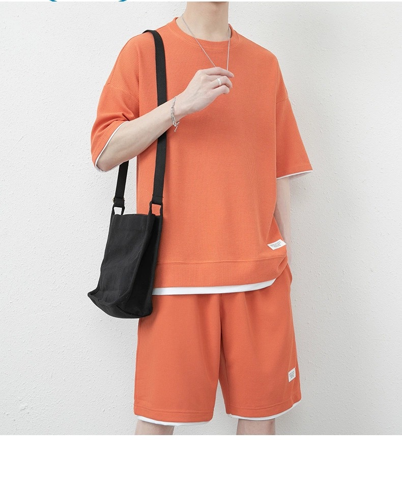 华夫格休闲套装男士夏季青少年大码男装运动短袖短裤搭配一套T恤详情25