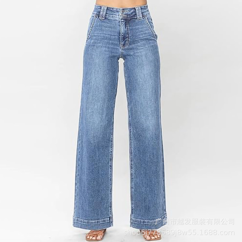欧美跨境外贸新款亚马逊2025春季新款蓝色水洗直筒气质牛仔裤女装详情24