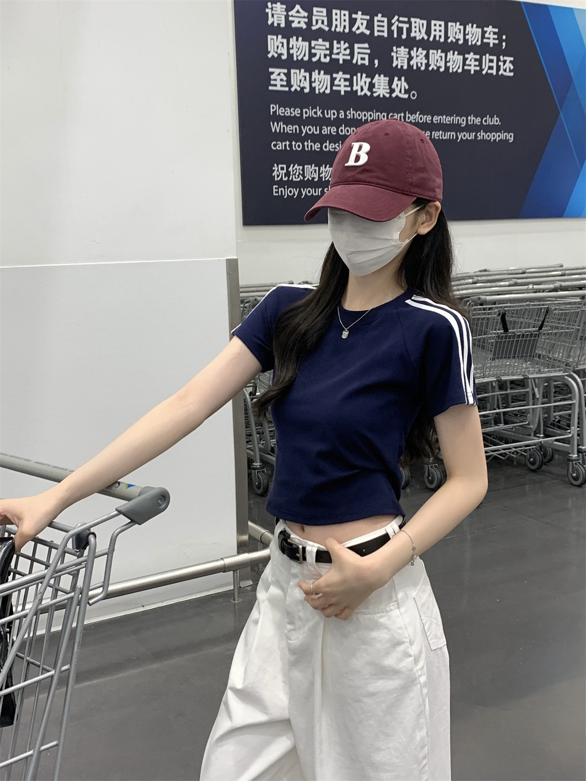 美式2024夏季新款韩版圆领修身插肩杠条显瘦百搭短袖T恤女装上衣详情5