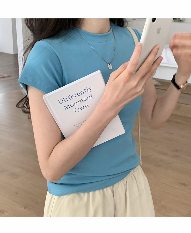 美式纯色正肩短袖t恤女2025ins潮牌辣妹圆领叠穿打底体恤修身显瘦详情25