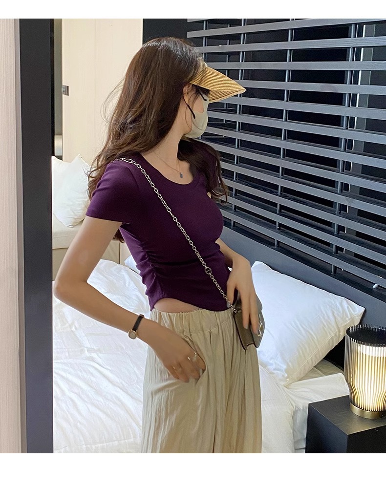辣妹正肩紧身短袖T恤女 2025夏季新款直播显身材 茶艺风格低领紫色上衣 女式T恤青春时尚潮流详情11