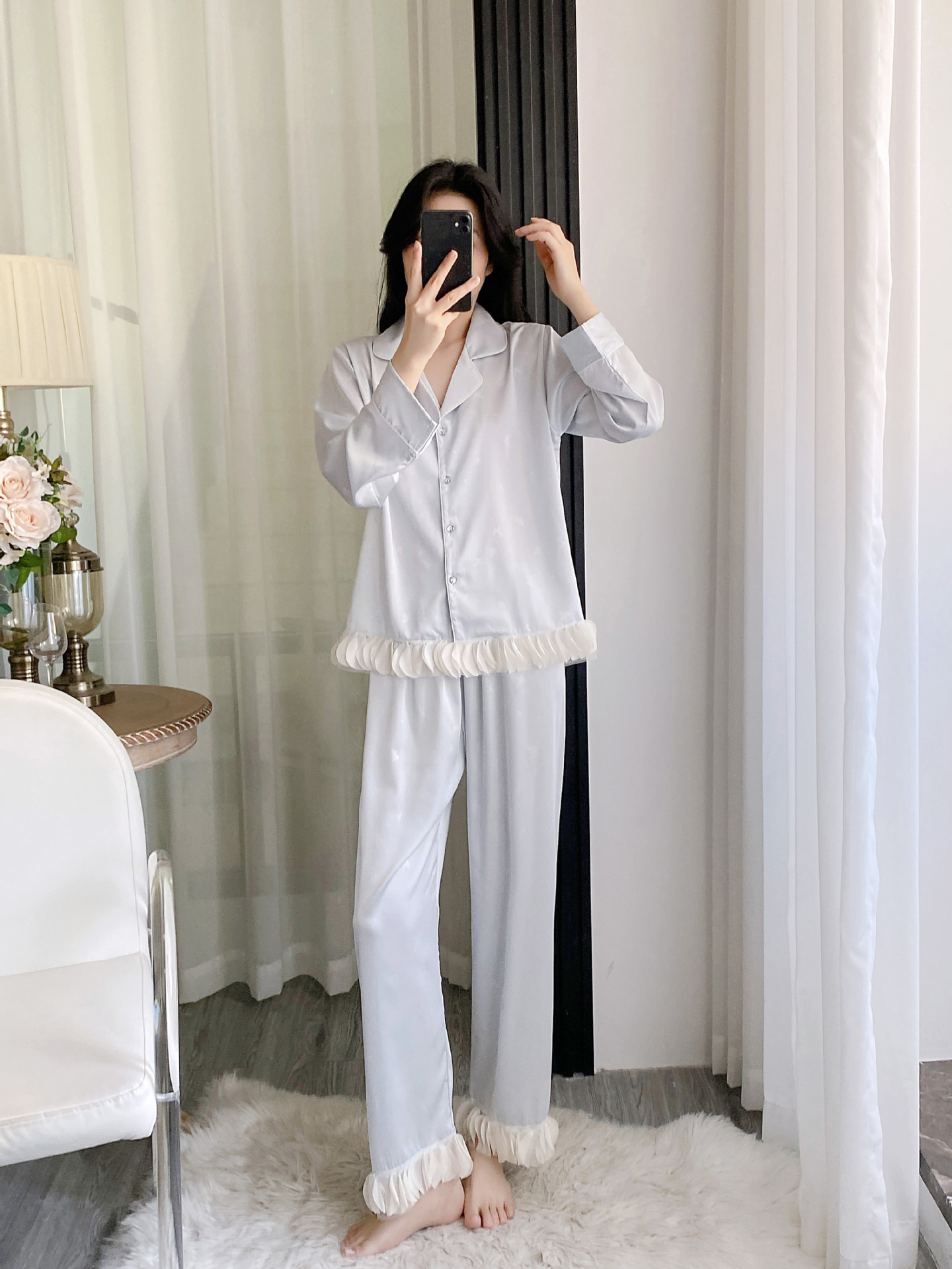 Ice silk pajamas for women Spring and autumn long-sleeved two-piece set, high-end French butterfly print with chiffon lace home wear pic 4