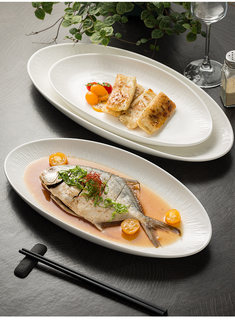 White porcelain high-end fish plate, restaurant cold dish plate, dain-shaped arrangement plate, hotel seafood plate, home high-temperature resistant steamed fish plate pic 4
