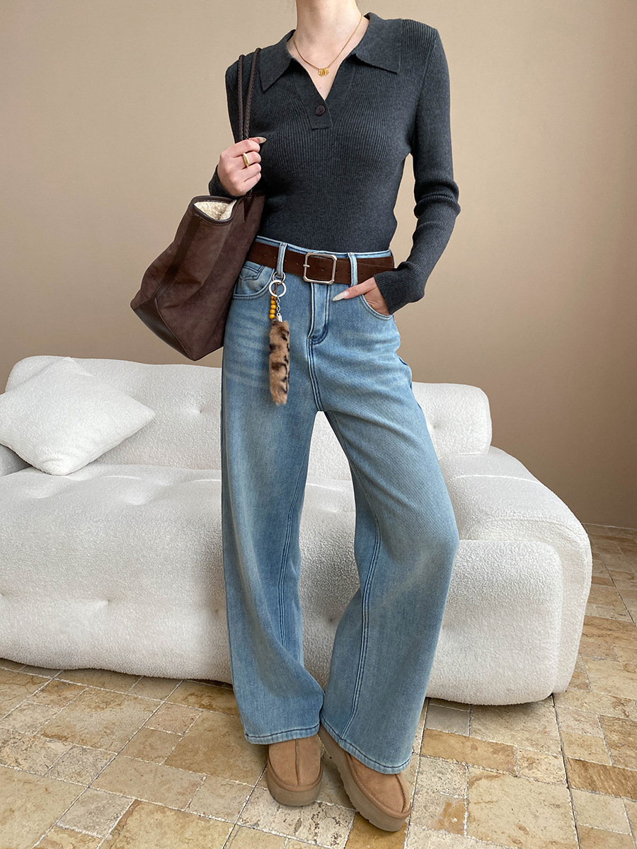 司南修腿型天菜含腰带挂件水洗浅蓝窄版直筒加绒牛仔裤SN8358详情36