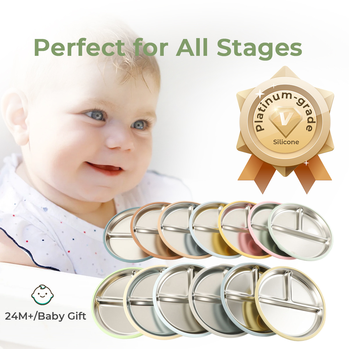 食品级不锈钢304儿童分餐盘儿童分格带吸盘20CM防滑宝宝餐具菜盘详情4