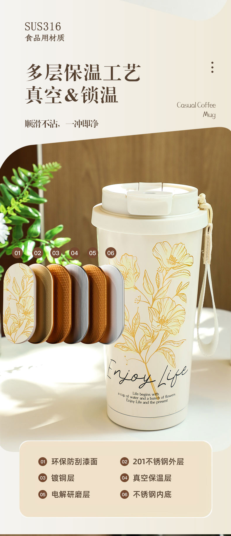 Customized coffee cups, large-capacity 316 stainless steel insulated cups, high appearance level portable double-drinking straw cups, gift water cups pic 6