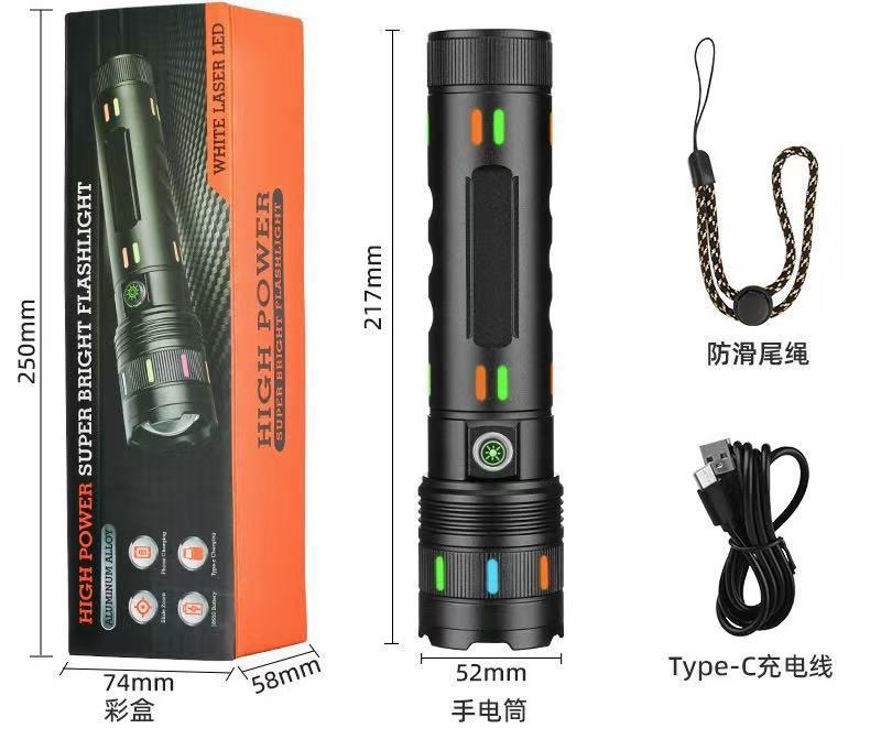 跨境白激光大功率强光手电筒户外多功能铝合金荧光手电Type-c充电详情21