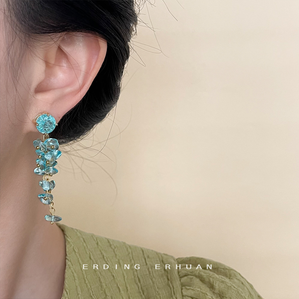 【 Ocean Series 】 Original design, handcrafted long tassel glass crystal earrings, elegant and sweet earrings pic 6