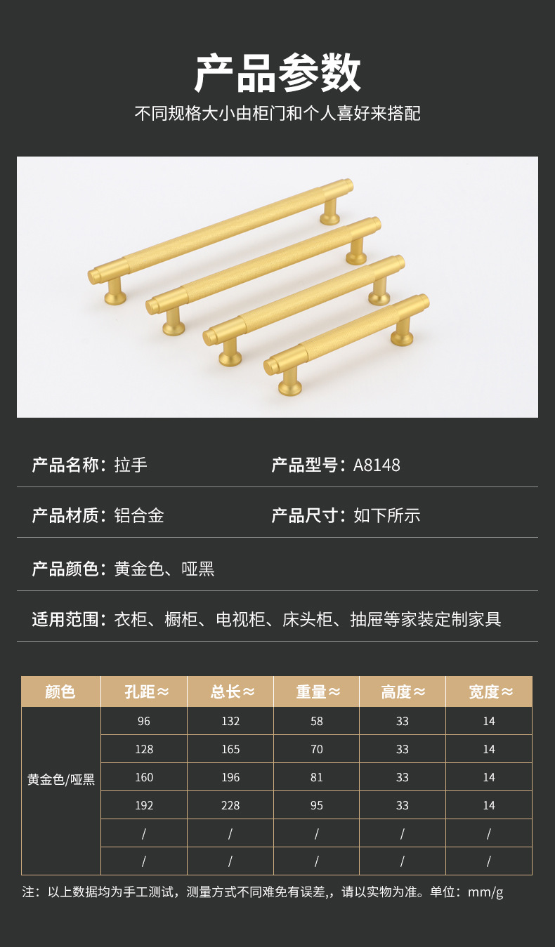 铝合金美式拉手黑色橱柜简约现代抽屉北欧加长铝合金衣柜门把手详情1
