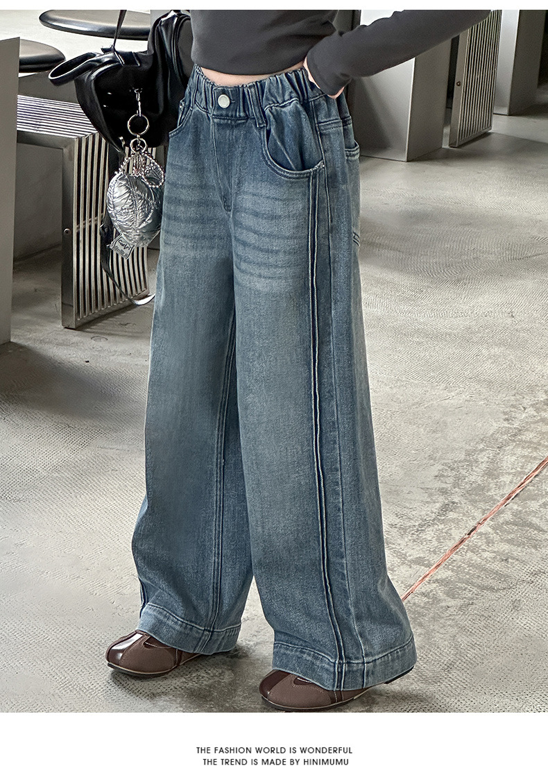 【摩卡公主】女童美式复古宽松牛仔裤2025新款拖地牛仔阔腿裤长裤详情8