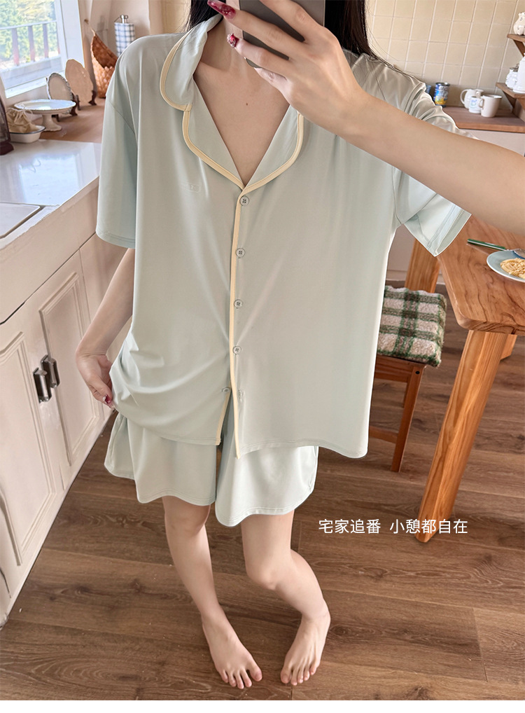 A two-piece set of casual wear for women in the original color ice leather, a summer pajama set with a cool and contrasting color, featuring new short-sleeved shirts and shorts pic 36