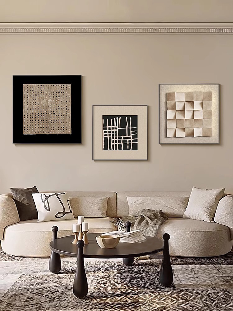原木侘寂风客厅装饰画高级感现代沙发背景墙三联挂画抽象几何壁画详情10