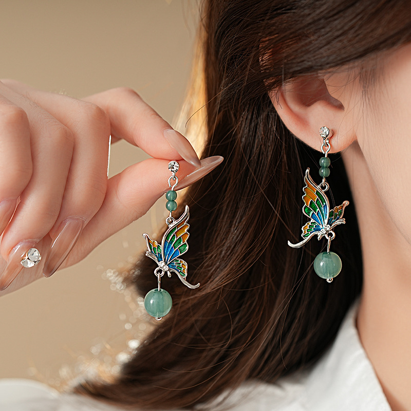 银针滴油蝴蝶树脂圆形耳钉甜美气质高级感耳环森系小清新耳饰批发详情6